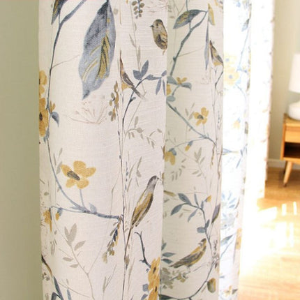 Zasłona lniana w ptaki i kwiaty