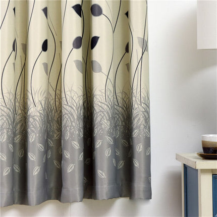 Beżowa zasłona w botaniczny wzór liści.