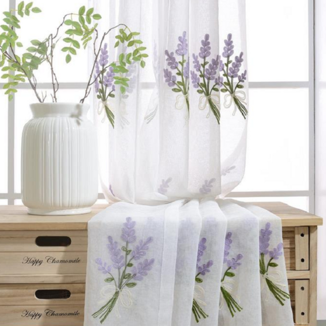 Firana haftowana w kwiaty lawendy
