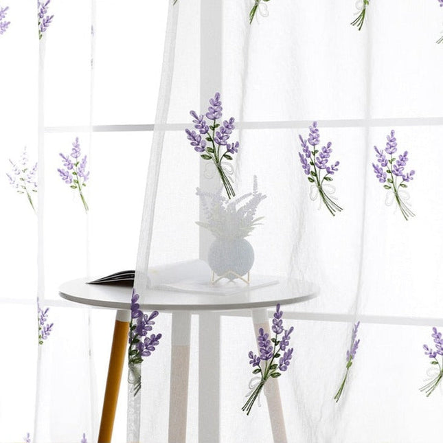 Firana haftowana w kwiaty lawendy