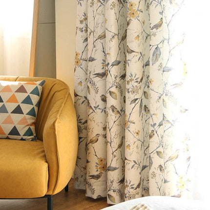 Zasłona lniana w ptaki i kwiaty