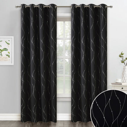 Czarna zasłona w srebrne faliste linie