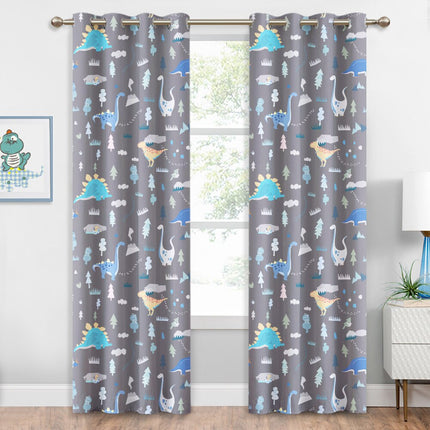 Szara zasłona zaciemniająca w dinozaury