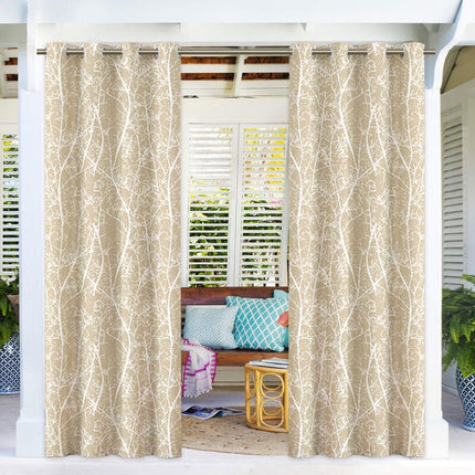 Niebieska zasłona ogrodowa we wzór gałęzi.