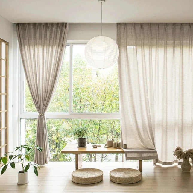 Lniana firana beżowa z lamówką