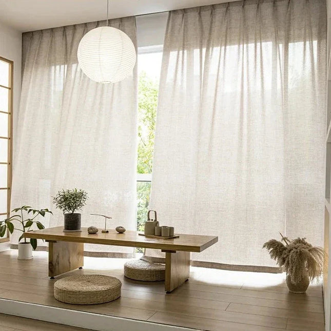 Lniana firana beżowa z lamówką