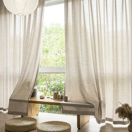 Lniana firana beżowa z lamówką