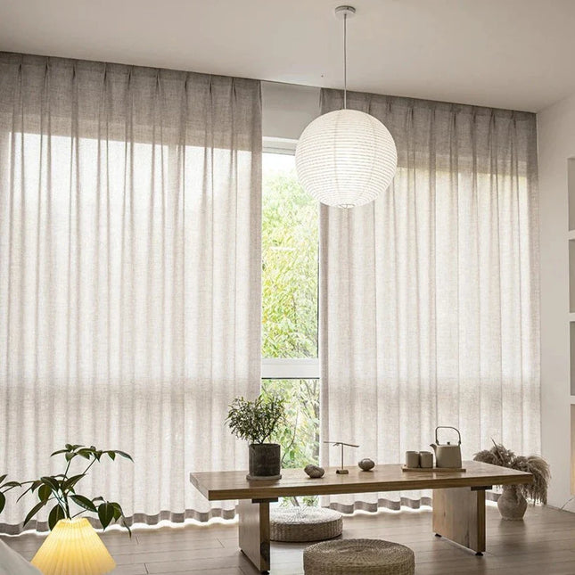 Lniana firana beżowa z lamówką