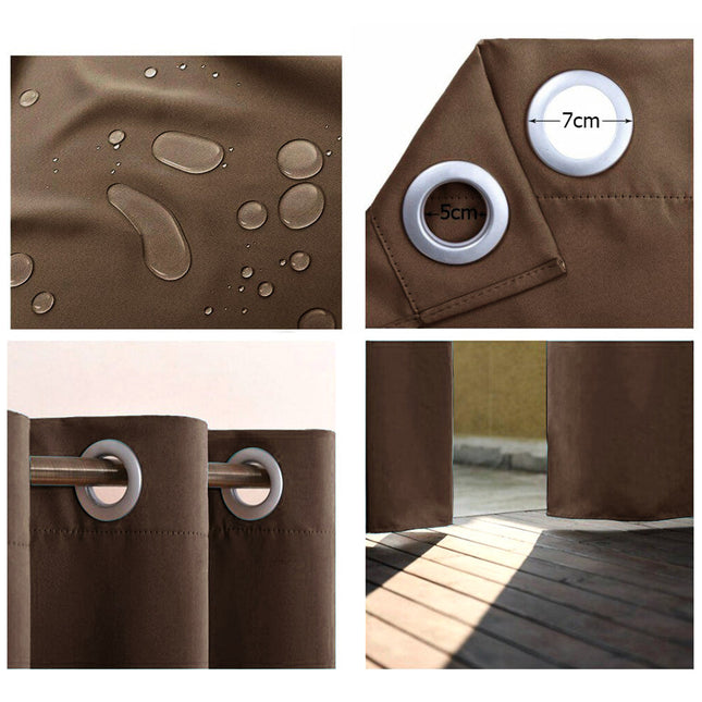 Brązowa zasłona zewnętrzna na taras z przelotkami.