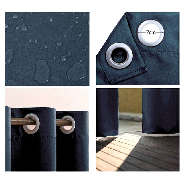 Granatowa zasłona na pergolę z przelotkami.