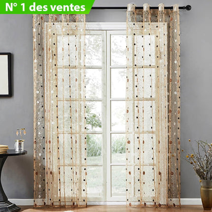 Brązowa firana z haftem na przelotkach