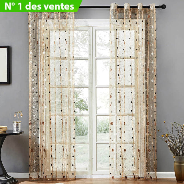 Brązowa firana z haftem na przelotkach